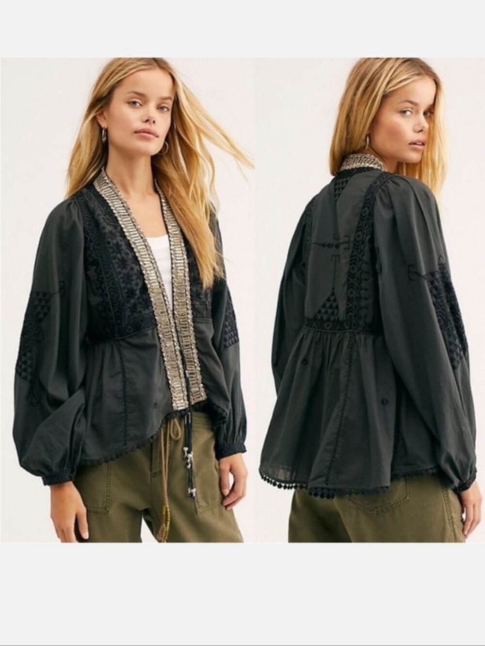 Free People Black Embroidered Balloon-Sleeve Sequin Cardigan M